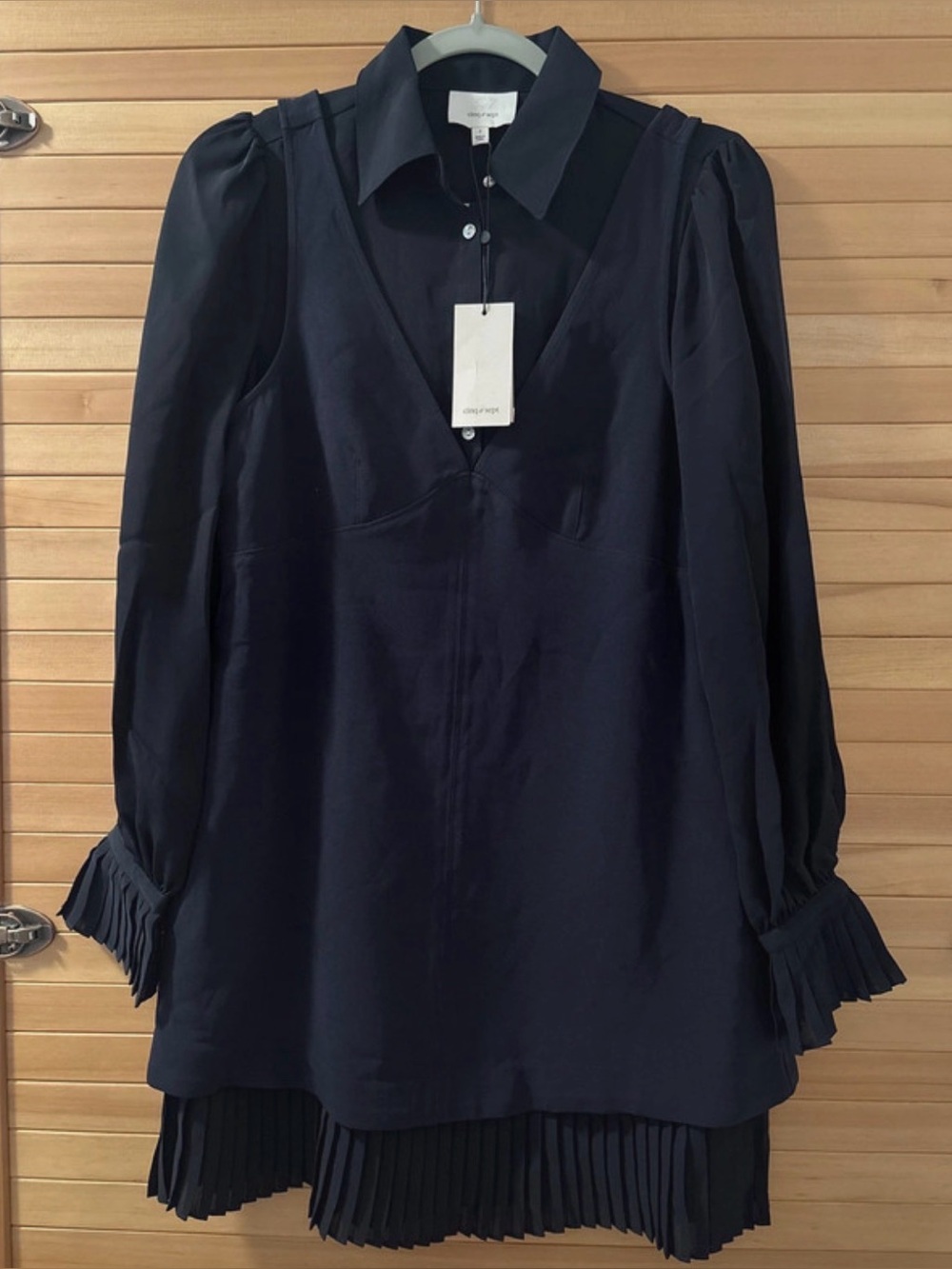 Cinq a Sept Navy Long-Sleeve Layered Pleated Mini Dress